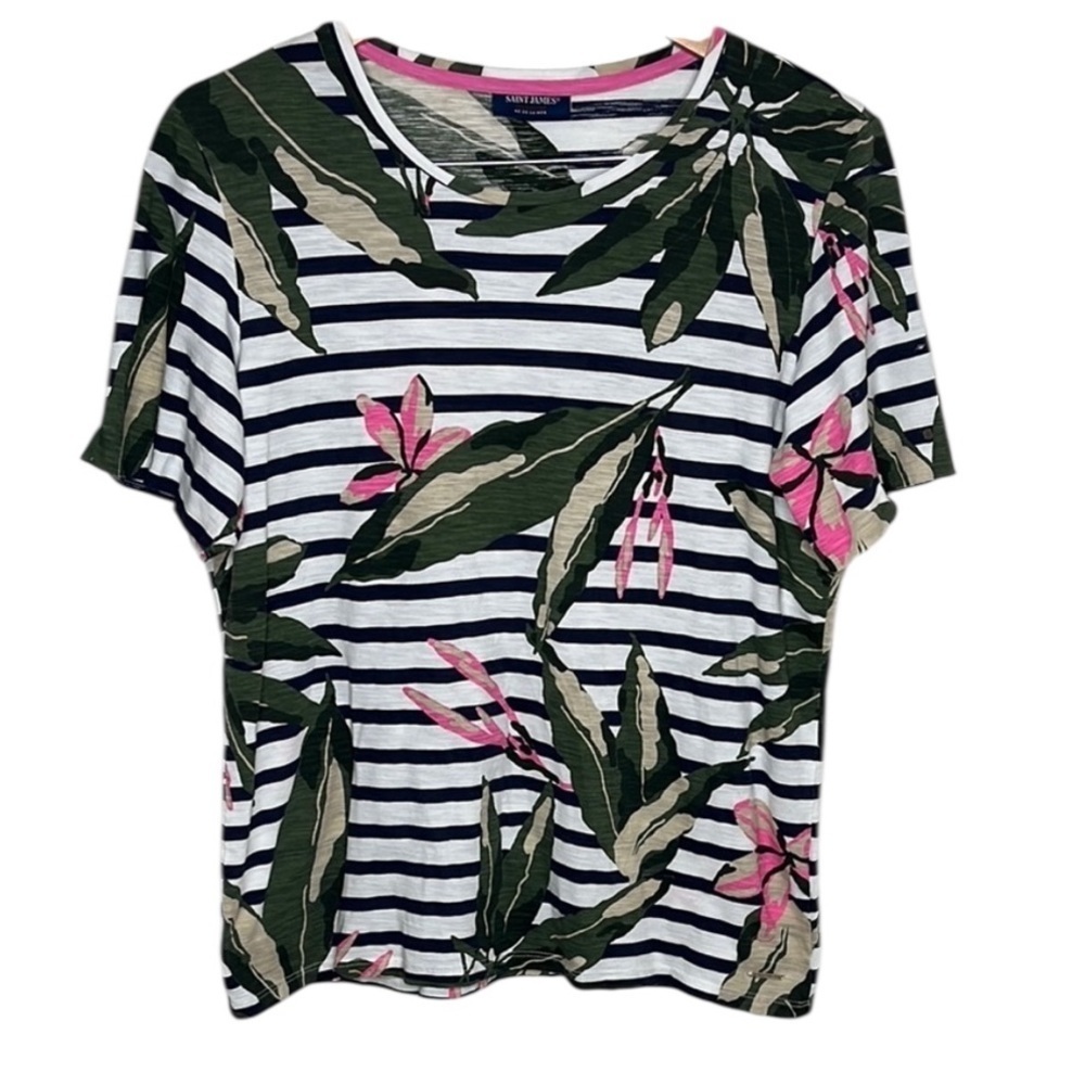 Saint James Pink Green Leaf Striped Tee No Size DAMAGE